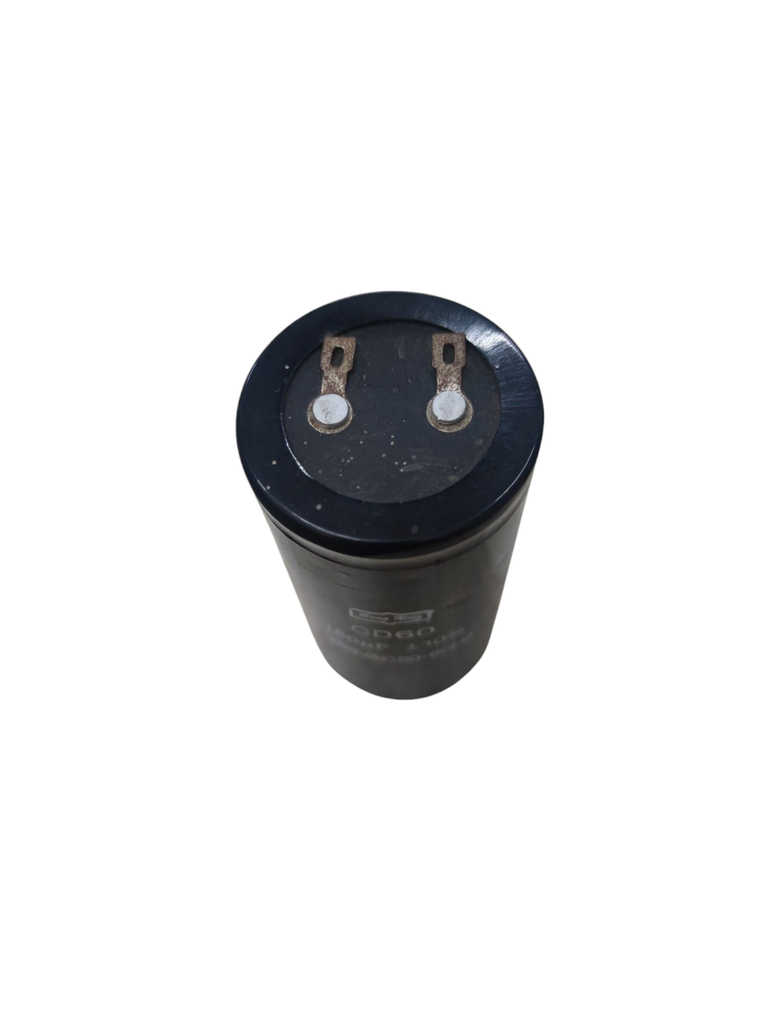 CBB 150uF 250V running capacitor with black cylindrical body and metal terminals