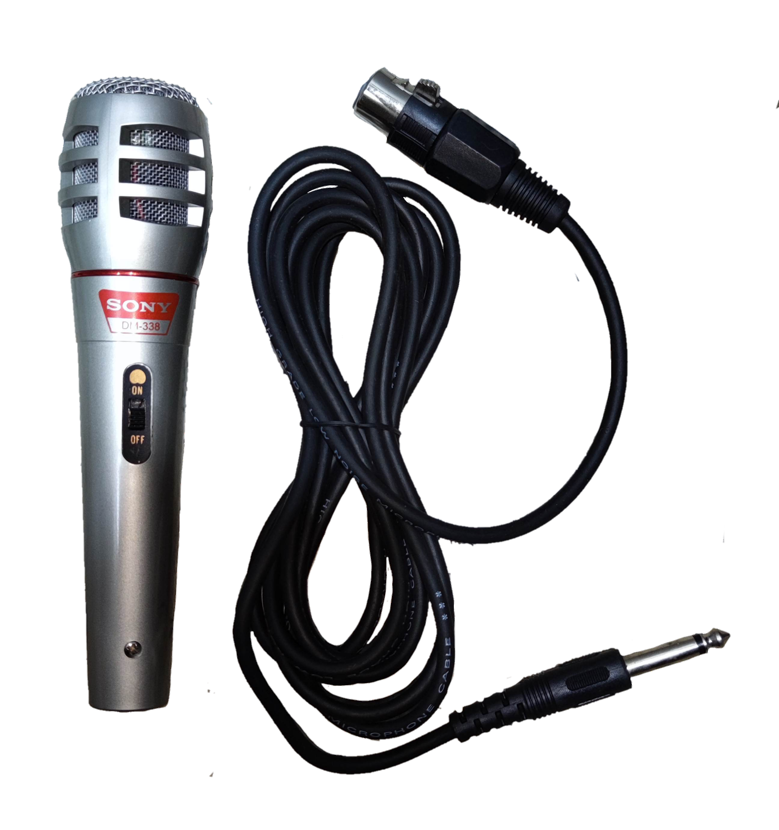 Sony microphone with microphone cord featuring a silver handheld design and on off switch