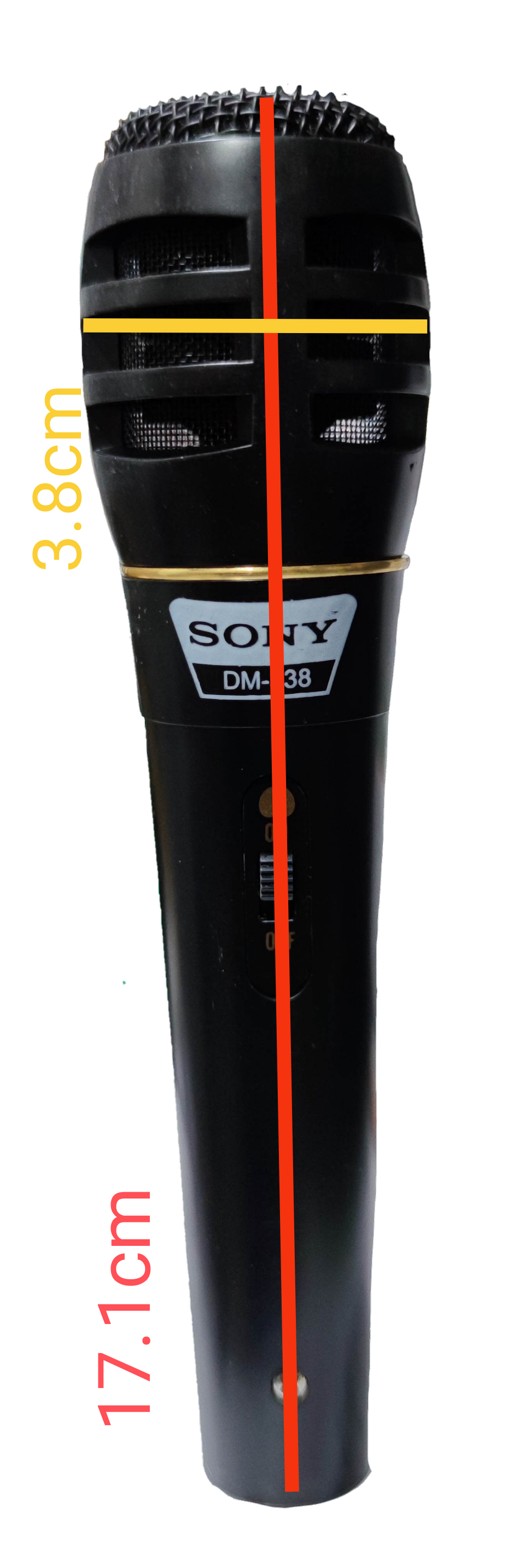 Sony DM-38 black microphone with microphone cord showing measurements against black background