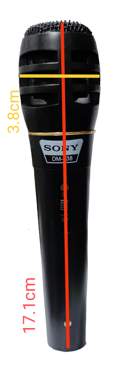 Sony DM-38 black microphone with microphone cord showing measurements against black background