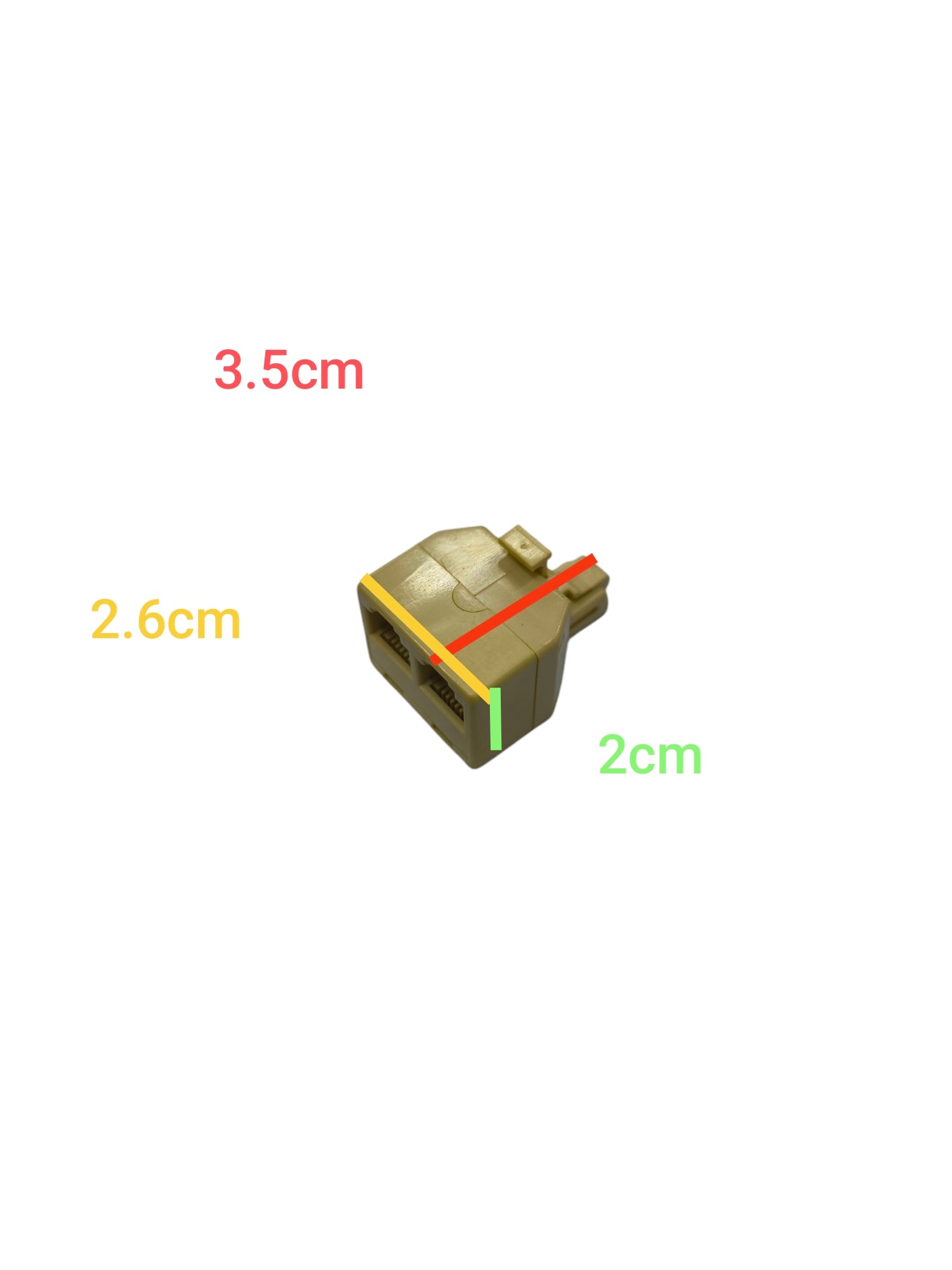 Splitter RJ11 Male to RJ11 Female x 2 adapter cable in beige with detailed dimensions