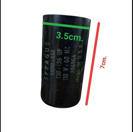 Spargue motor start capacitor 130-156UF in black, measuring 3.5cm by 7cm for electrical applications