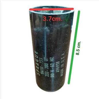 Philips Sprague Mallory Motor Starting Capacitor 233-280UF with dimensions 3.7cm by 8.5cm