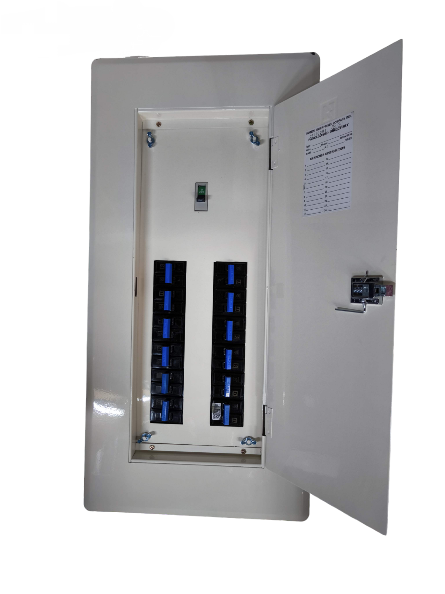 Koten white metal electrical panel with open door showing two columns of blue breakers Panel Board 150A 2Pole 250SPS