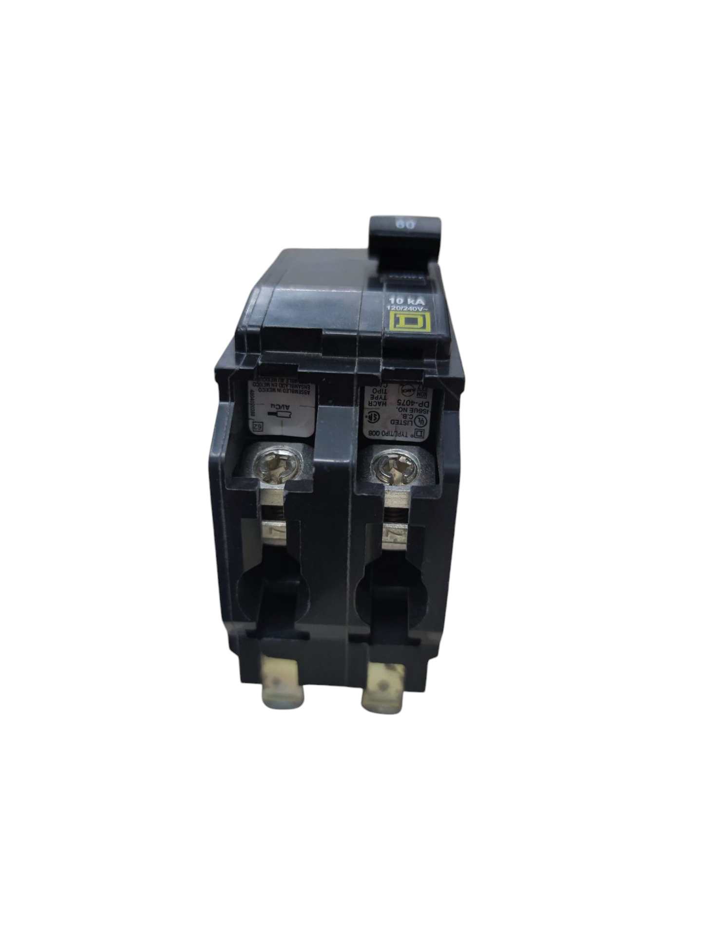Square D 60 Amp Circuit Breaker black electrical component with dual switch and metal connectors