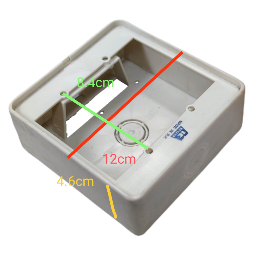 Kopez white square electrical box for outlets with dimensions 12cm by 8.4cm and 4.6cm depth