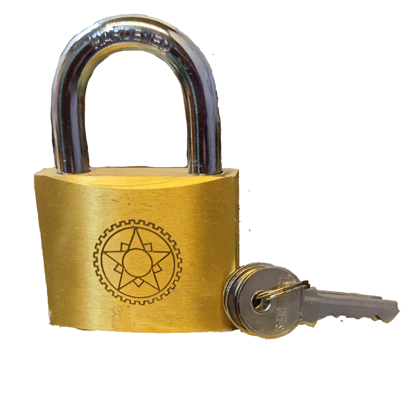 Star Wheel brass padlock with a shiny chrome shackle and matching key for secure locking