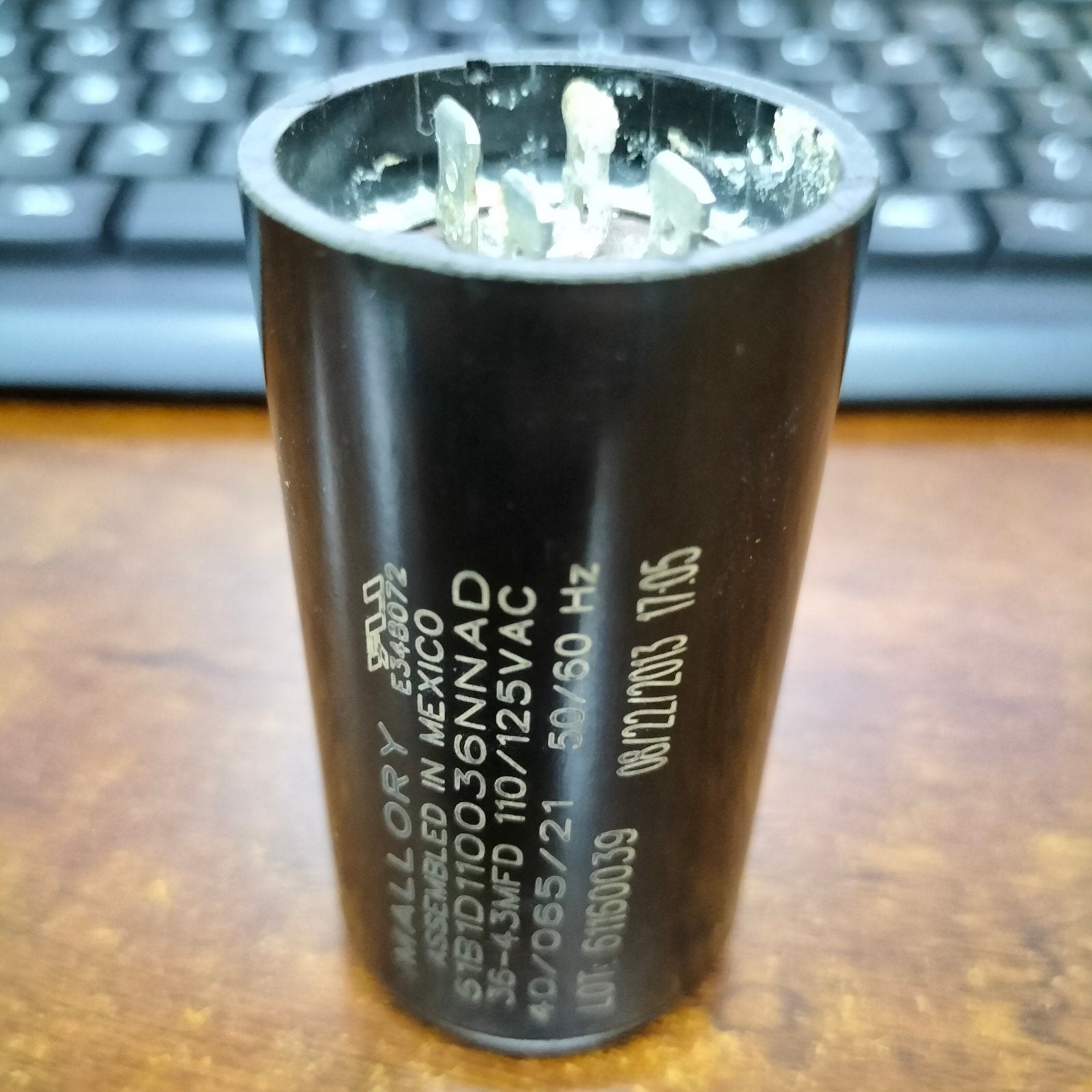 Mallory Starting Capacitor 36-43MFD 125V with multiple metal terminals for electrical circuits