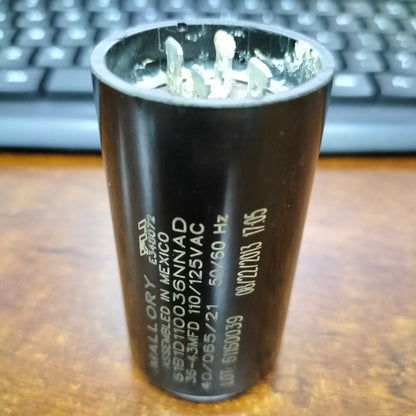 Mallory Starting Capacitor 36-43MFD 125V with multiple metal terminals for electrical circuits