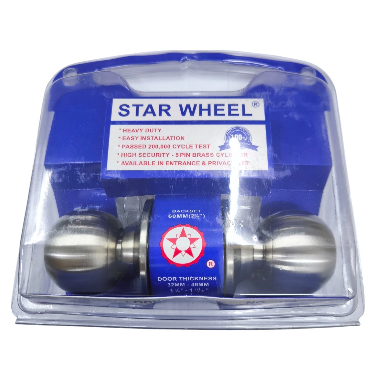 Starwheel Entrance Lockset Door Knob in heavy duty packaging with brass cylinder and installation instructions