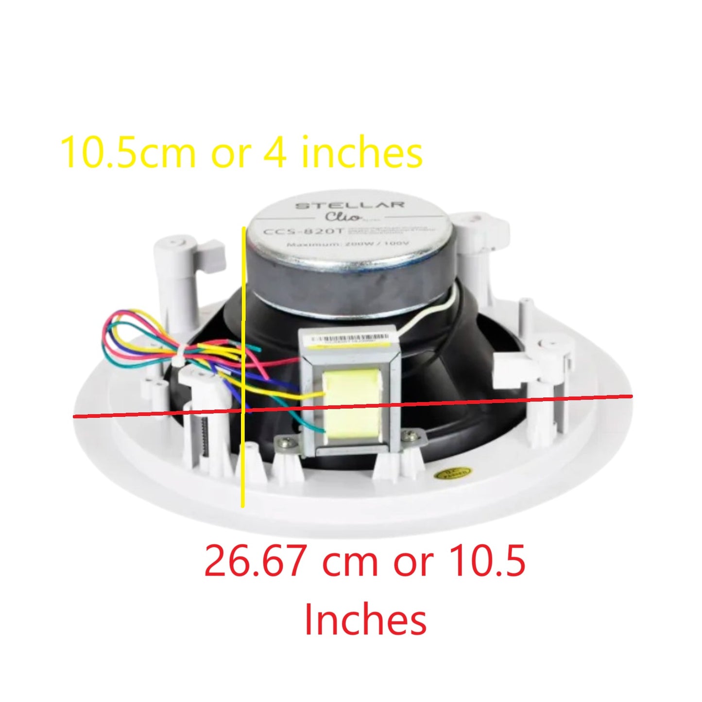 Stellar Clio Series 8 Inches Ceiling Speaker underside view of white round flush mount showing magnet transformer and wiring