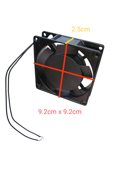 China made 3x3 inch exhaust fan 220V black measuring 9.2 cm by 9.2 cm with attached wires