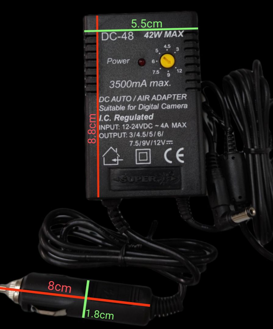 Grippes DC Automotive Adaptor with 3500mA max output and adjustable voltage for digital cameras