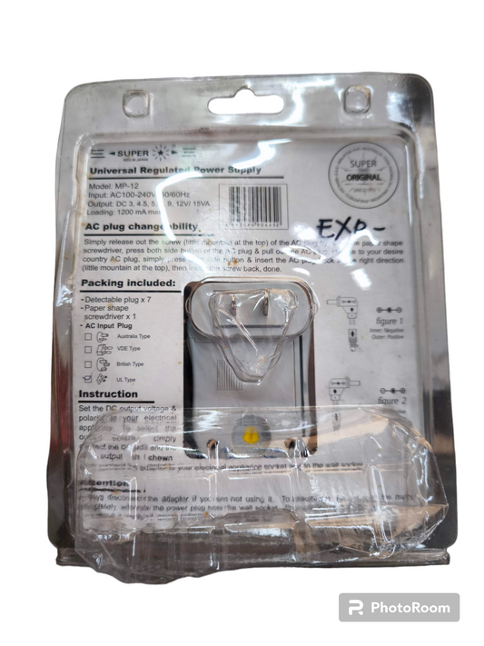 Super Universal Adaptor 1200mA Output 3V in clear plastic packaging with product details