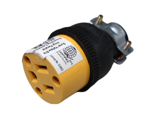 Surer yellow and black outlet with ground cord connector type power plug for electrical connections