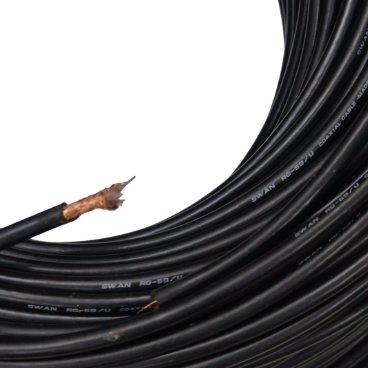 Swan RG59 coaxial cable 75 ohms in a coiled bundle for reliable video signals