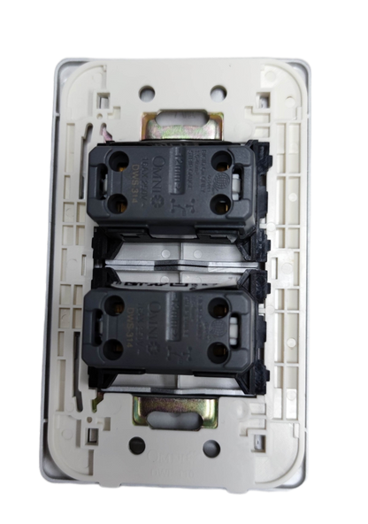 Rear view of Omni 2 gang illuminated switch showing dual black modules and white mounting plate