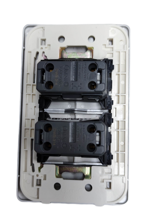 Rear view of Omni 2 gang illuminated switch showing dual black modules and white mounting plate
