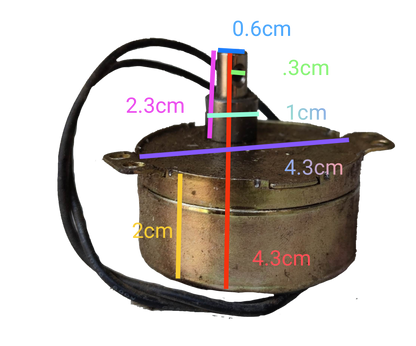 Taiwan made Synchronous Motor 220V with wiring and detailed size measurements on black background