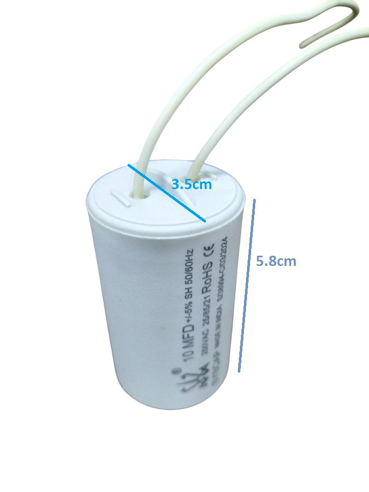 CBB 10MFD motor running capacitor with white cylindrical body and two wires for electrical circuits