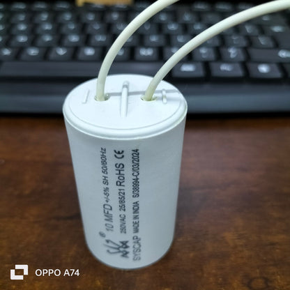 CBB 10MFD motor running capacitor white cylindrical electrical component with two wires