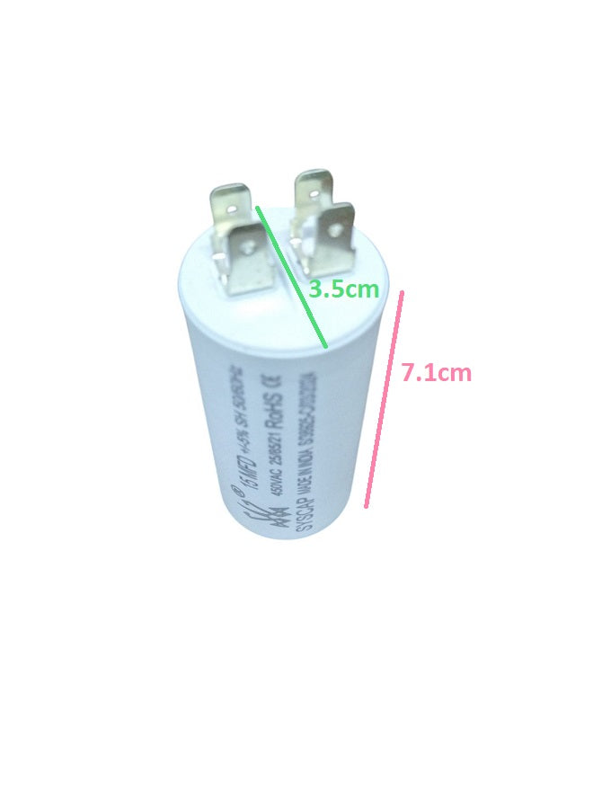 Syscap 15MFD motor running capacitor with metal terminal connectors and white cylindrical body