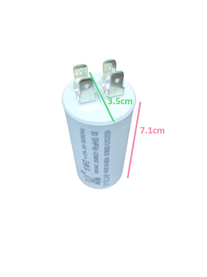 Syscap 15MFD motor running capacitor with metal terminal connectors and white cylindrical body