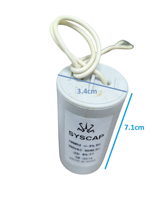 Syscap 16MFD Motor Running Capacitor in white with wires and dimensions 7.1 cm by 3.4 cm
