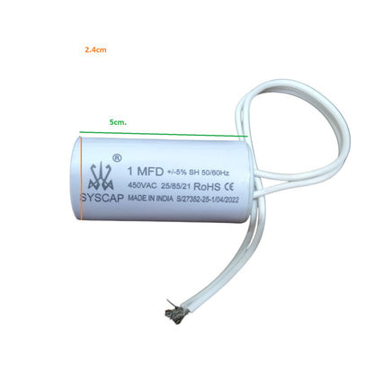 Syscap 1MFD 450V AC Running Capacitor white cylindrical electrical component with wires