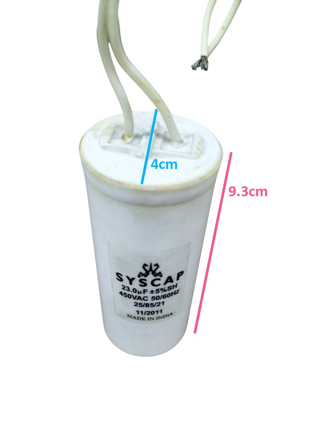 Syscap 23MFD 450VAC motor capacitor with white casing and two connected wires