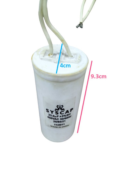 Syscap 23MFD 450VAC motor capacitor with white casing and two connected wires