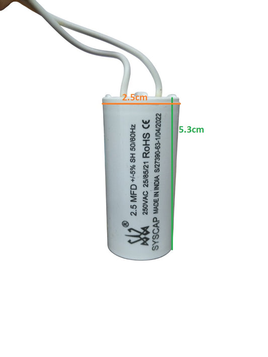 Syscap 250V AC motor running capacitor with dimensions 2.5cm x 5.3cm for electrical applications