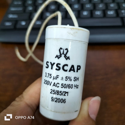 Syscap 3.75 µF capacitor for 250V AC motor start applications with white casing