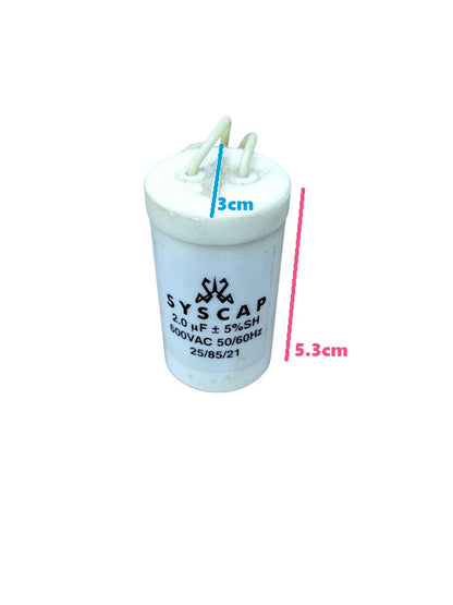 2MFD 600V AC Running Capacitor by Syscap with dimensions of 3cm width and 5.3cm height
