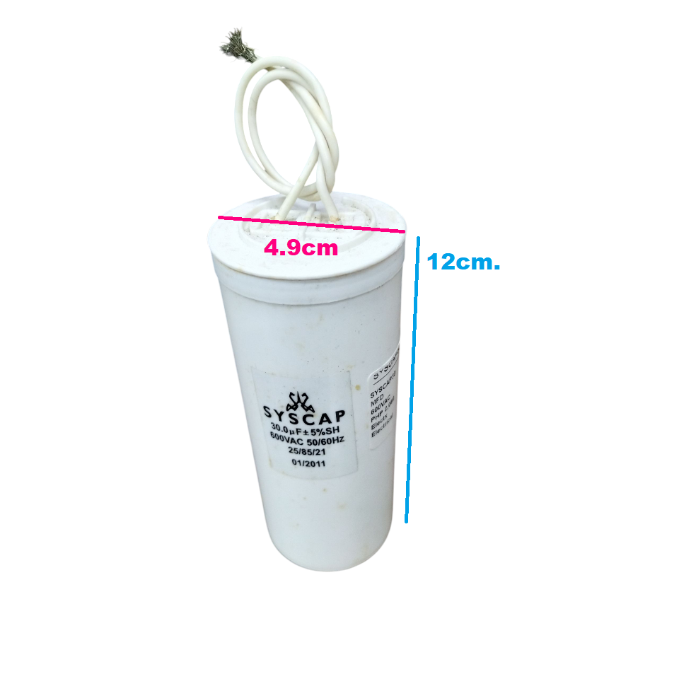 Syscap 30uF 600V motor running capacitor with white casing and leads for electrical applications