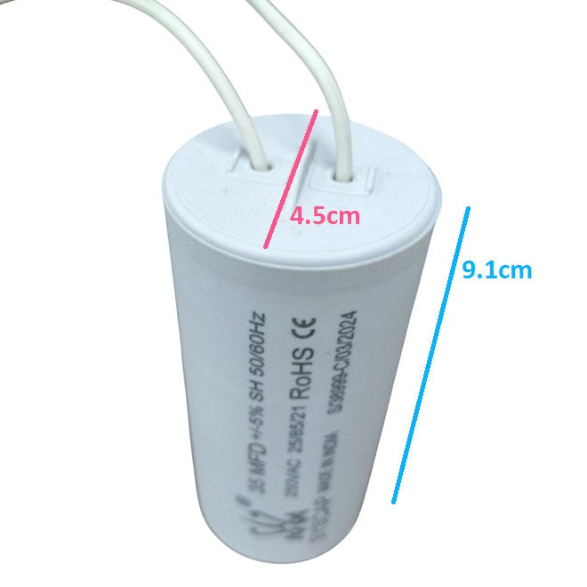 Syscap 35MFD Motor Running Capacitor white cylindrical electrical component with two wires