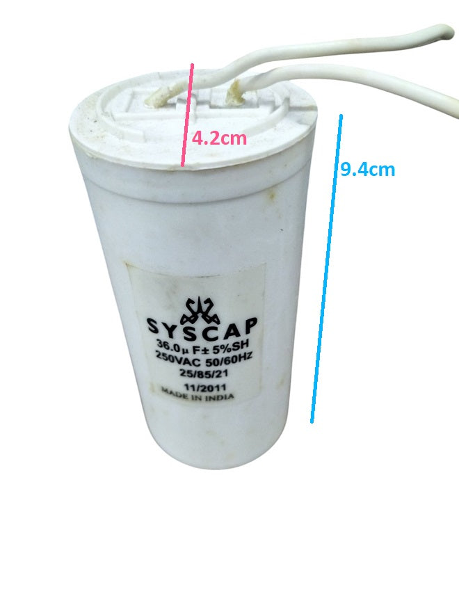 Syscap 36MFD motor capacitor 250VAC white cylindrical electrical component with wires