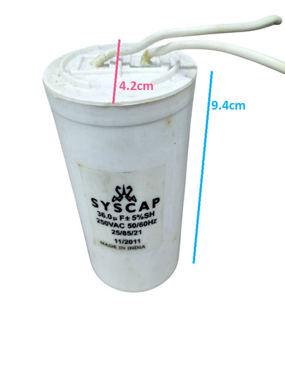 Syscap 36MFD motor capacitor 250VAC white cylindrical electrical component with wires