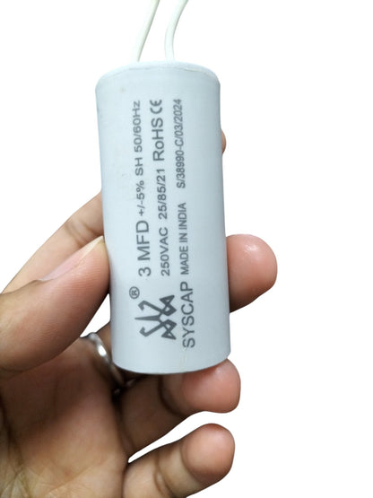 SYSCAP 3MFD 250 VAC Running Capacitor in Hand with Clear Label and Specifications