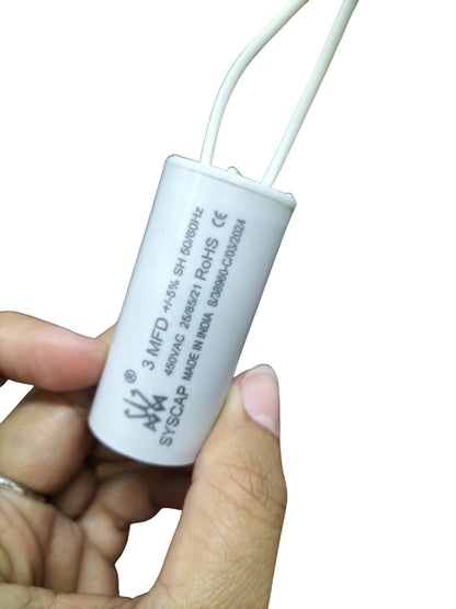 Syscap 3MFD 450V AC Running Capacitor Electrical Circuitry component held in hand