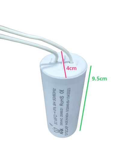 Syscap white industrial motor capacitors with wires measuring 9.5 cm by 4 cm for electrical circuitry