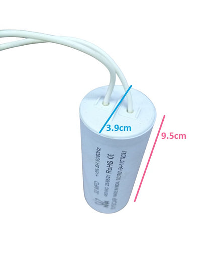 Syscap white motor capacitor with dimensions 3.9cm by 9.5cm and attached white wires
