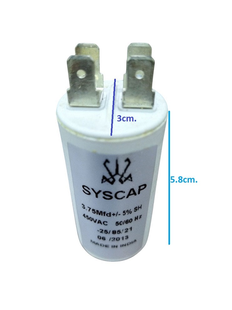 SYSCAP motor capacitor 450V AC with 3.75Mfd capacity, dimensions 5.8cm height and 3cm diameter