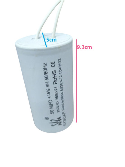 Syscap motor capacitor 50MFD white cylindrical electrical component with wire leads and measurement markings