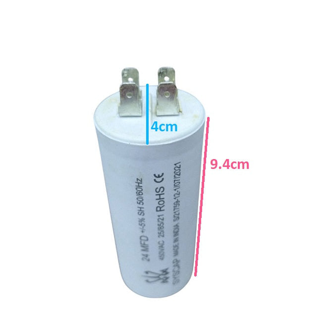 Syscap motor capacitor with dimensions 4cm in width and 9.4cm in height for electrical applications