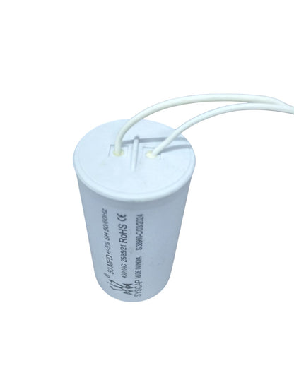 Syscap white Motor Capacitor with two attached wires for electrical circuitry and parts