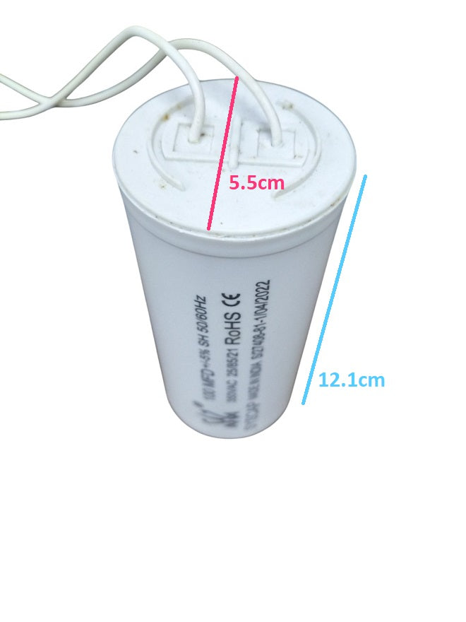 Syscap white cylindrical motor capacitor with two wires and dimensions labeled