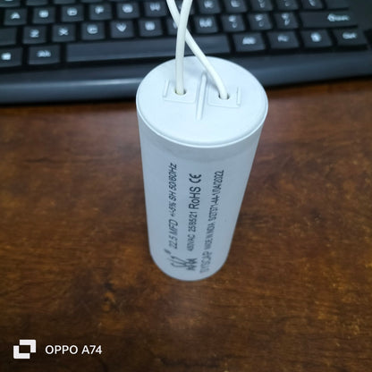 Syscap white motor capacitor with electrical wires