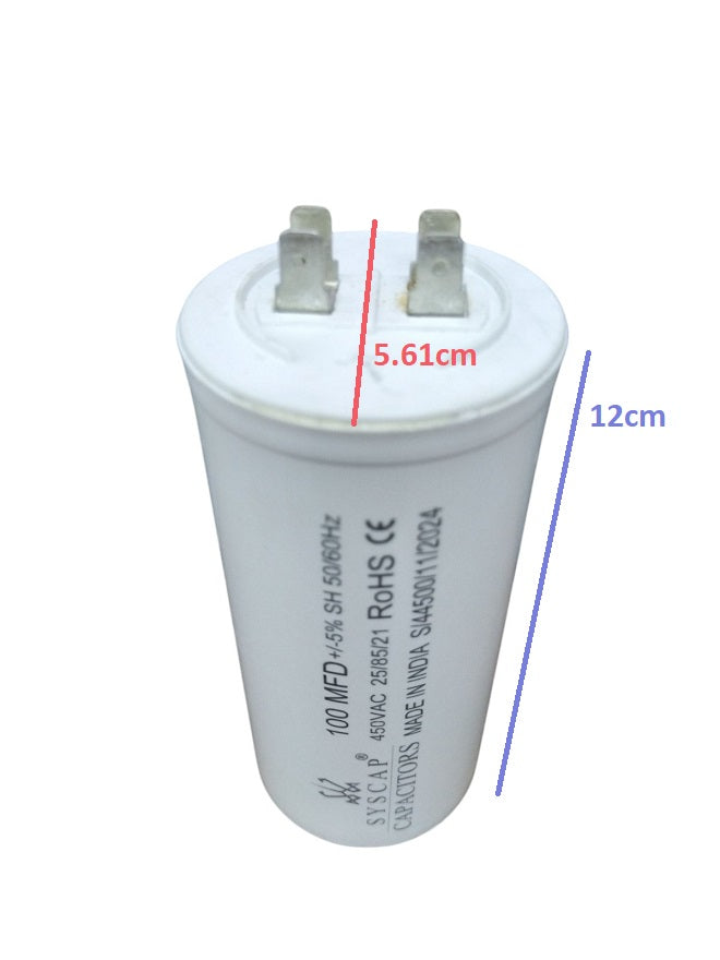 SYSCAP Motor Running Capacitor 100MFD 450V AC white cylindrical electrical component with two terminals