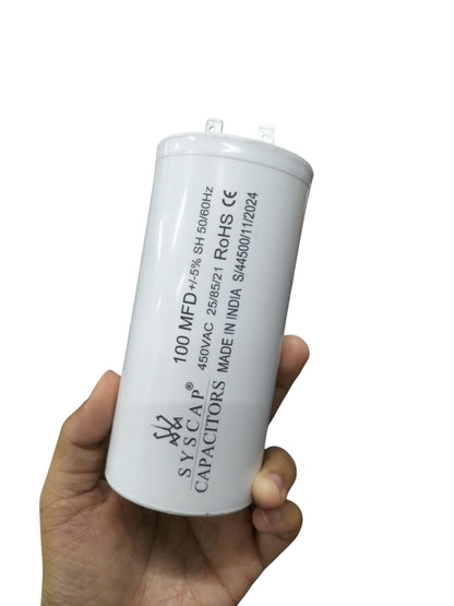 SYSCAP Motor Running Capacitor 100MFD 450V AC held in hand, white cylindrical electrical component